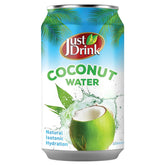 A 320ml can of Just Drink - Coconut Water features a splash graphic and coconut, promoting natural isotonic hydration with natural electrolytes.